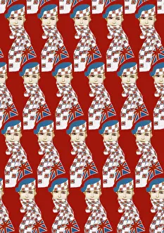 Britain1930s: Repeating Pattern - Girl in Union Jack Flag Scarf, red