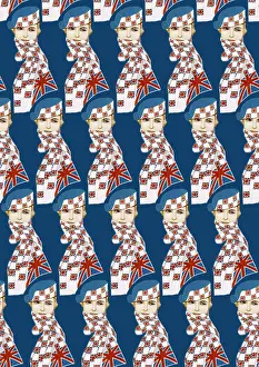 Britain1930s: Repeating Pattern - Girl in Union Jack Flag Scarf, blue