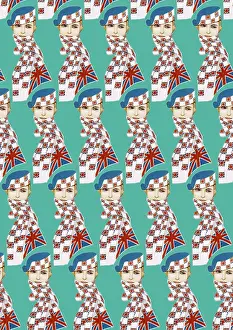 Aquamarine: Repeating Pattern - Girl in Union Jack Flag Scarf, turquoise