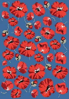 Assemblage: Repeating Pattern - Poppies - Blue background