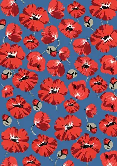 Assemblage: Repeating Pattern - Poppies - Blue background