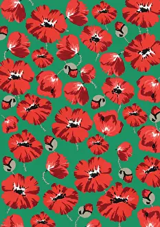 Assemblage: Repeating Pattern - Poppies - Green background
