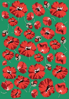 History Repeats Itself: Repeating Pattern - Poppies - Green background