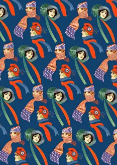 Spangled: Repeating Pattern - three women in scarves and hats, blue