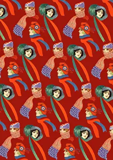 Spangled: Repeating Pattern - three women in scarves and hats, red