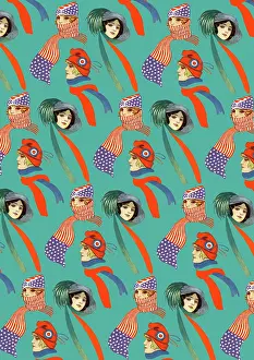 Spangled: Repeating Pattern - three women, scarves and hats, turquoise