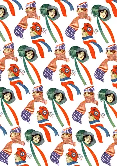 Spangled: Repeating Pattern - three women in scarves and hats, white