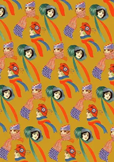 Spangled: Repeating Pattern - three women in scarves and hats, yellow