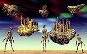 Anthropomorphic: Reptoid alien looking at thier anti-gravity floating cities