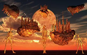 Anthropomorphic: Reptoid alien looking at thier anti-gravity floating cities