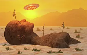 Humanoid: Reptoid aliens examining a giant humanoid statue