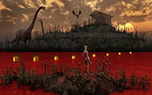 Guarding: A reptoid looks across the river towards an ancient temple ?