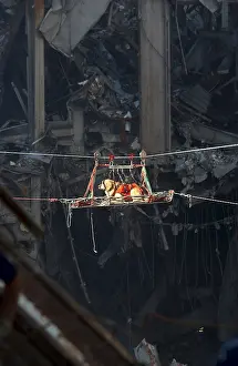Act Of War: A rescue dog is transported out of the debris of