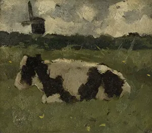 Herbivores: Resting Cow Near a Mill