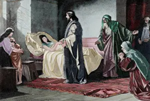 Jairus: Resurrection of Jairus daughter. Engraving by Rusing. Color