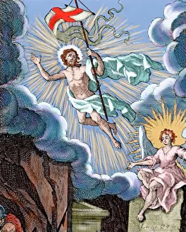 Pennant: Resurrection of Jesus. Colored engraving