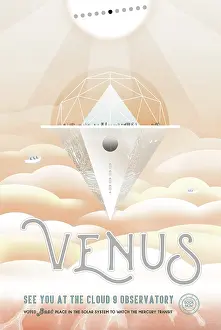 Surrealism: Retro space travel poster of an observatory