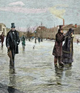 Returning: Returning from a funeral. Colored engraving
