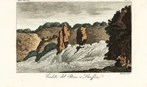 Habsbourg: Rhine Falls or Rheinfall at Schaffhausen, Switzerland, 1800s