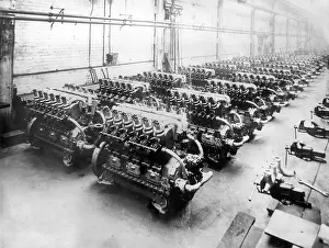 Horsepower: Ricardo tank engines in a workshop, WW1