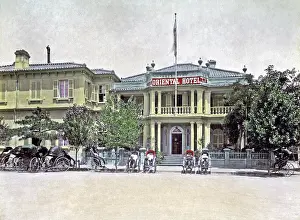 Rickshaws: Rickshaws outside the Oriental Hotel, Kobe, Japan, circa 188
