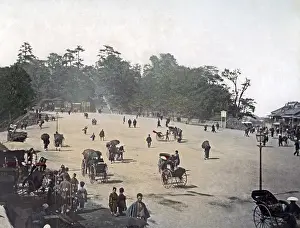 Rickshaws: Rickshaws in a public square, Japan, circa 1890