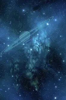 Stellar: A ringed planet orbits near a beautiful nebula in space