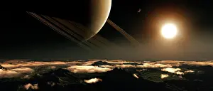 Plateau: A ringed planet rises in the night sky of an alien world