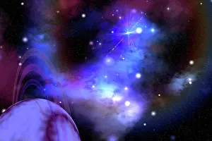 Sparkling: This ringed planet is sorrounded by a colorful nebula