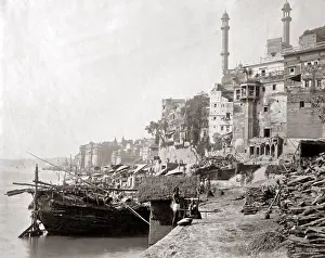 Ganges: River Ganges and ghats, Varanasi, Benares, India circa 1880s