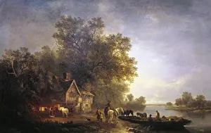 Moonlight: River landscape with rustics and horses at a ferry