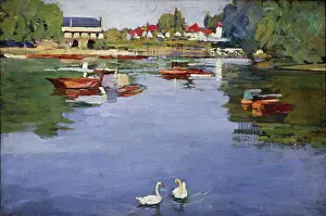 Lavery: The River at Maidenhead ' with two swans