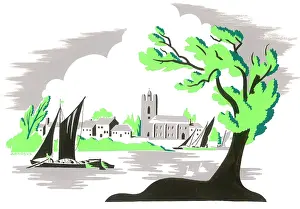 Isleworth: River scene with tree, boats and church