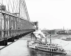 Roebling: Riverboat - Cincinnati - Suspension Bridge - Ohio River