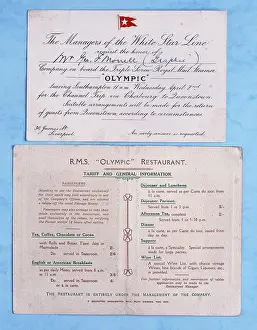 Morrell: RMS Olympic invitation, restaurant card