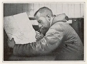 Gjoa: Roald Amundsen in the cabin of his ship - Gjoa