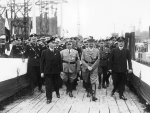 Gustloff: Robert Ley, Adolf Hitler and Rudolf Blohm at the launch of t