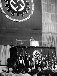 Swastikas: Robert Ley at a DAF event in Leipzig, 1936