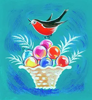 Baubles: Robin on a basket of Christmas tree baubles