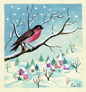 Bough: Robin on a bough above village in the snow