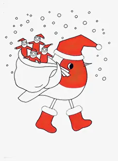 Christmases: Robin carrying a sack of toy Santas