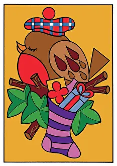 Pompom: Robin with Christmas Stocking on a branch