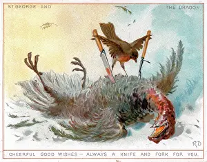 Robin and dead bird on a greetings card