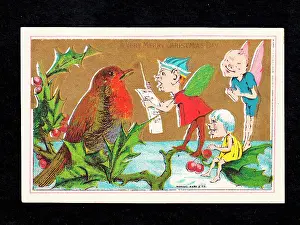 Redbreast: Robin and goblins singing on a Christmas card