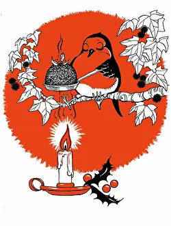 Robin heating Christmas pudding over candle