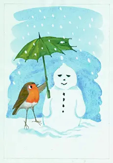 Snowmen: Robin holding an Umbrella over a Snowman
