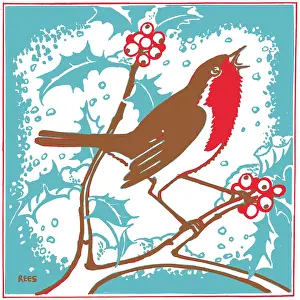 Rees: Robin on a Holly Branch in the Snow