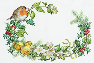 Baubles: Robin on Holly with ivy, mistletoe, pine etc