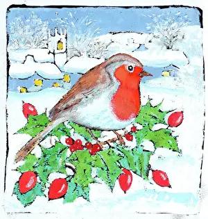 Rosehips: Robin on Holly and Rosehips