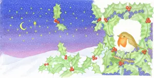 Fold: Robin on holly, starry sky and crescent moon